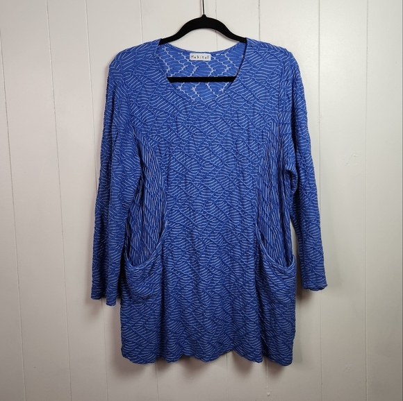 Habitat Tops - Habitat Lagenlook Blue Textured Tunic Top Shirt 3/4 Sleeves Size Medium Large